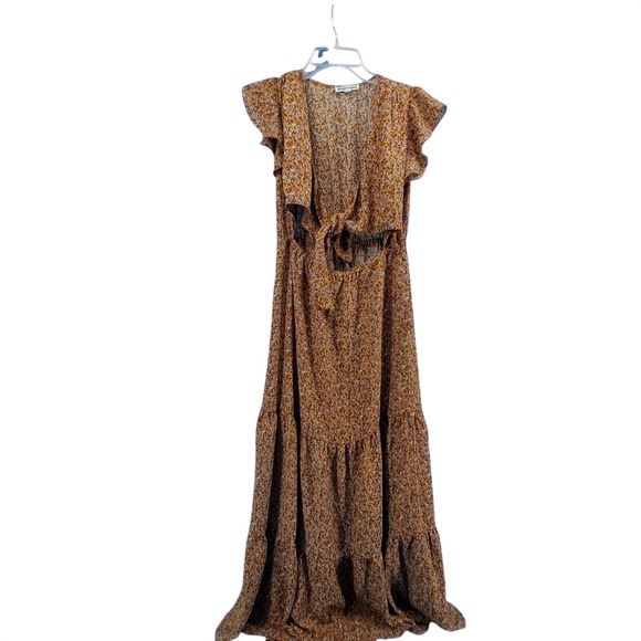 Inspired Hearts Dresses & Skirts - Inspired Hearts Maxi Dress Womens Large Mustard Floral Tie Front Cutout Tiered